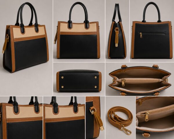 1 Color Block Structured Tote Bag for Women – Professional Work Handbag with Top Handles