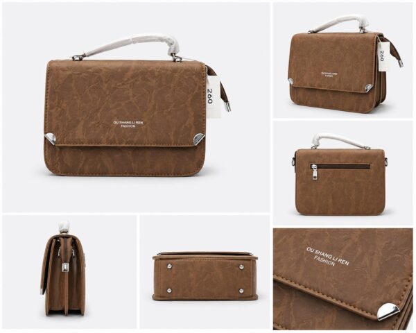 5 OU SHANG LI REN Distressed Leather-Style Messenger Bag – Vintage Brown Top-Handle Crossbody