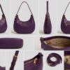 purple hand bag Tan crescent hobo shoulder bag for women with adjustable strap displayed in retail stor