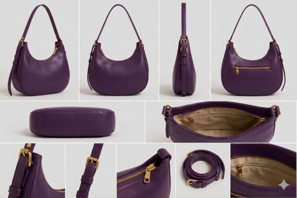purple hand bag Tan crescent hobo shoulder bag for women with adjustable strap displayed in retail stor
