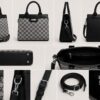 white black bag Grey and black monogram pattern structured handbag for women with black faux leather handles and detachable shoulder strap