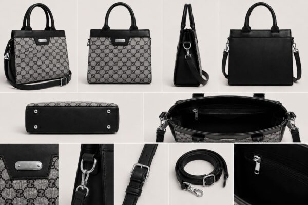 white black bag Grey and black monogram pattern structured handbag for women with black faux leather handles and detachable shoulder strap