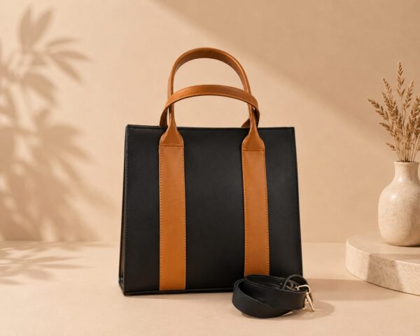 WhatsApp Image 2026-05-16 at 22.34.58 Ziffly "Aura" Two-Tone Executive Tote – Structured 11-Inch Black & Tan Professional Handbag*