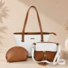 bag set Ziffly "Giya" 3-Piece Premium Tote Set – White & Tan 16-Inch Large Handbag with Matching Crossbody and Pouch
